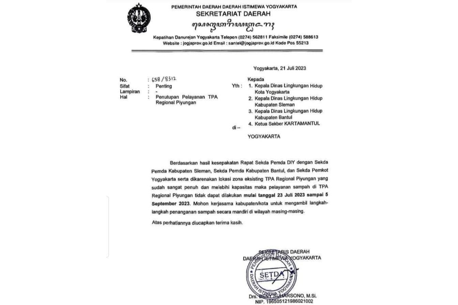 Dewan Minta TPST Piyungan Tak Ditutup Sebelum Ada Solusi Surat tentang penutupan TPST Piyungan yang beredar (foto: ist)