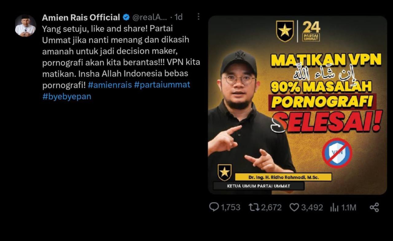 Usung Pemberantasan Pornografi Dengan Mematikan VPN, Cuitan Amien Rais Tuai Reaksi Netizen